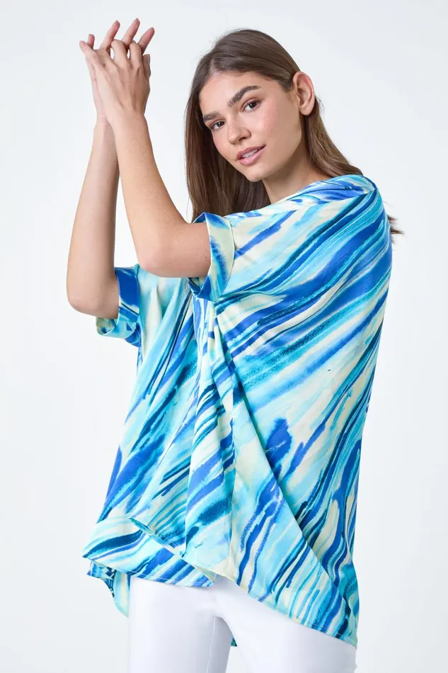 Blue Abstract Stripe Button Back Top Women Roman Tops