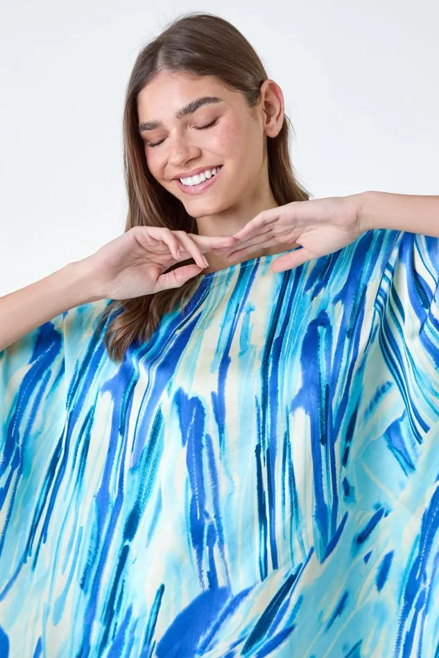 Blue Abstract Stripe Button Back Top Women Roman Tops