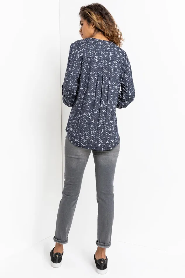 Blue and Grey Ditsy Floral Notch Neck Top Women Roman Tops