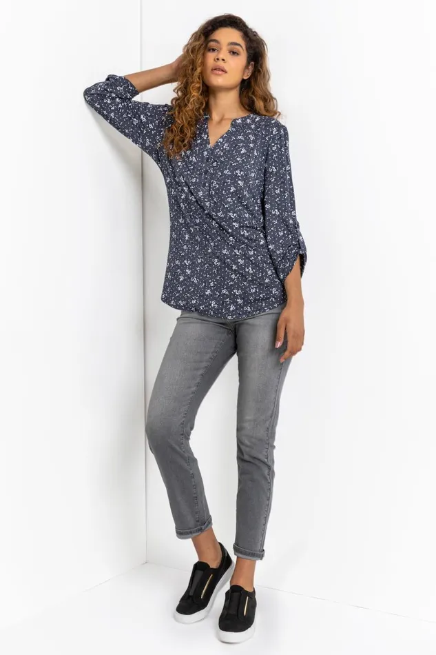 Blue and Grey Ditsy Floral Notch Neck Top Women Roman Tops