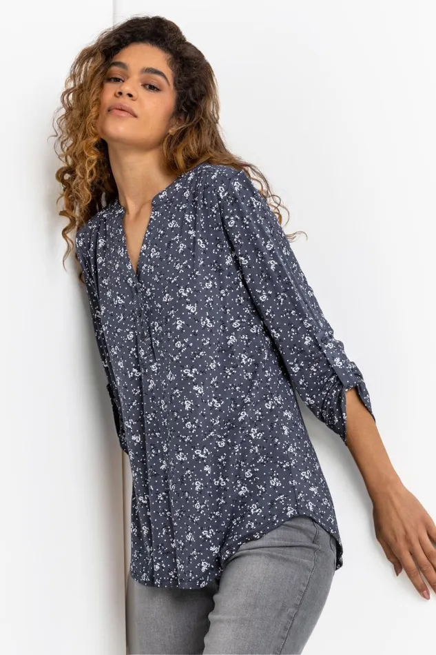 Blue and Grey Ditsy Floral Notch Neck Top Women Roman Tops