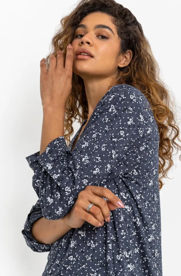 Blue and Grey Ditsy Floral Notch Neck Top Women Roman Tops
