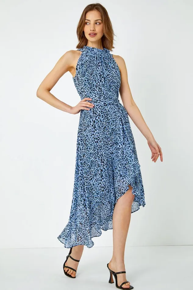 Blue Animal Print Halter Neck Midi Dress Women Roman Dresses