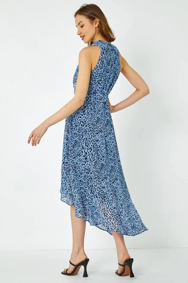 Blue Animal Print Halter Neck Midi Dress Women Roman Dresses