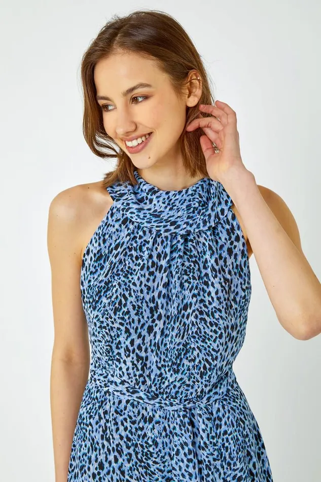 Blue Animal Print Halter Neck Midi Dress Women Roman Dresses