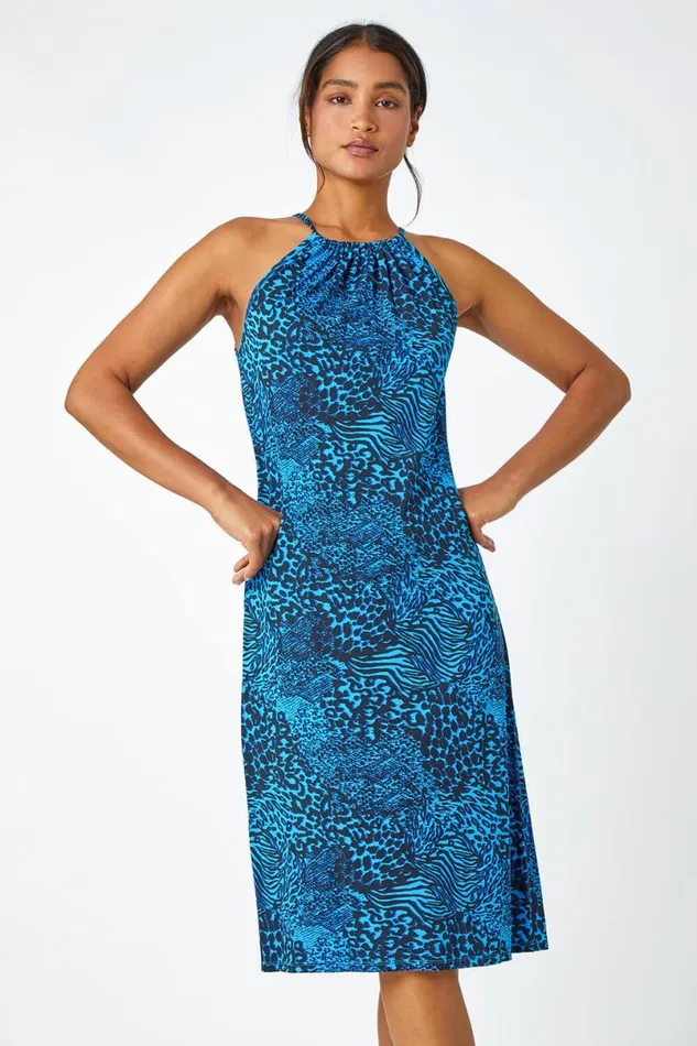 Blue Animal Print Halter Neck Stretch Dress Women Roman Dresses