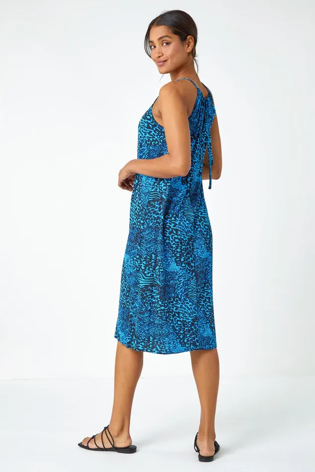 Blue Animal Print Halter Neck Stretch Dress Women Roman Dresses