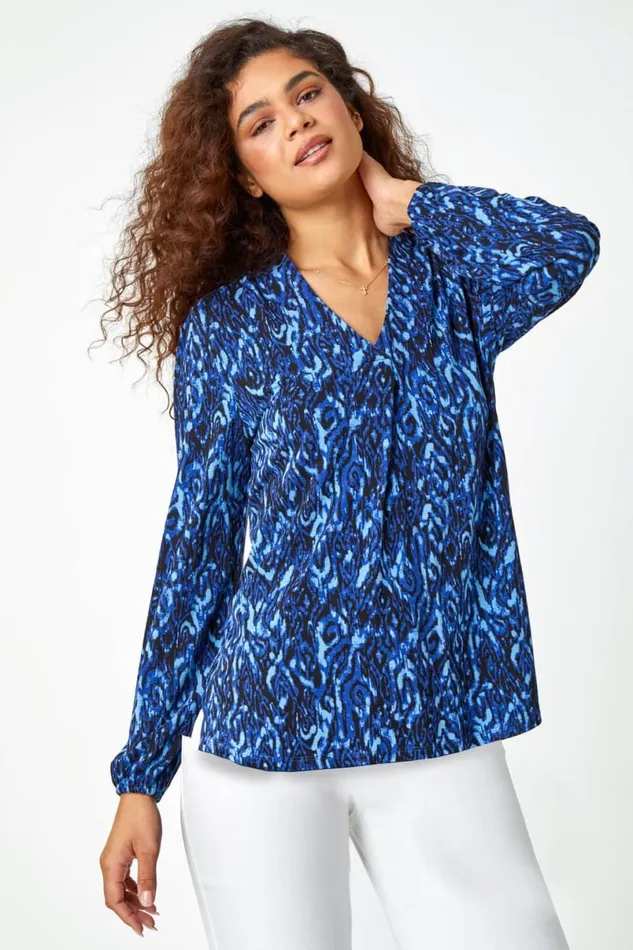 Blue Aztec Print Pleated VNeck Stretch Top Women Roman Tops