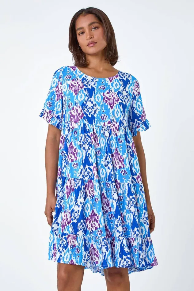 Blue Aztec Print Tiered Smock Dress Women Roman Dresses
