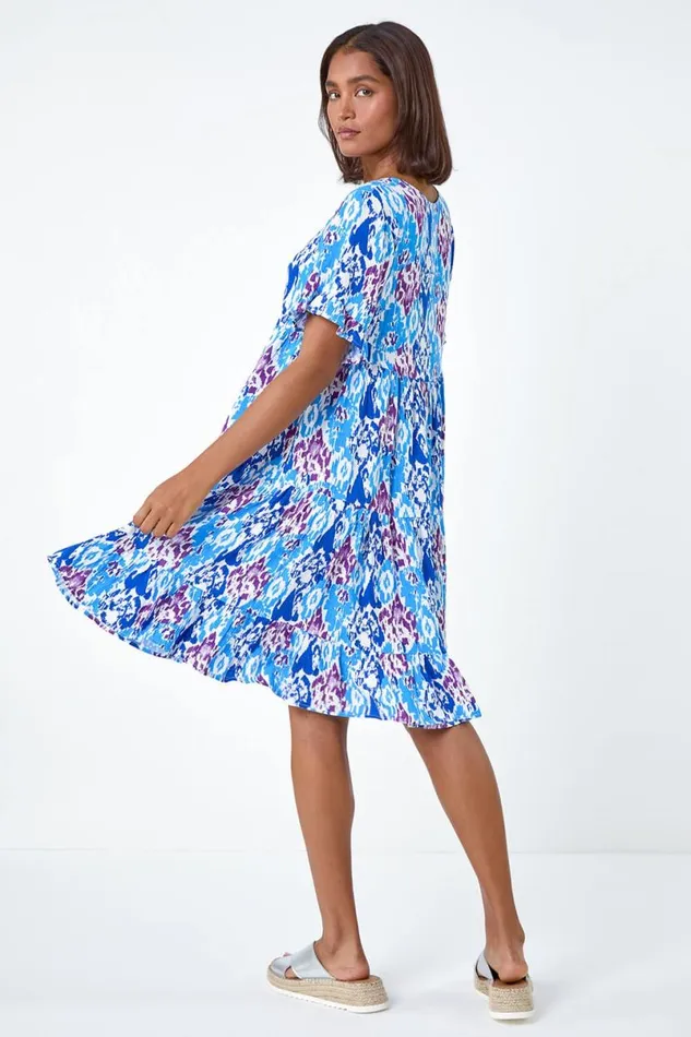 Blue Aztec Print Tiered Smock Dress Women Roman Dresses