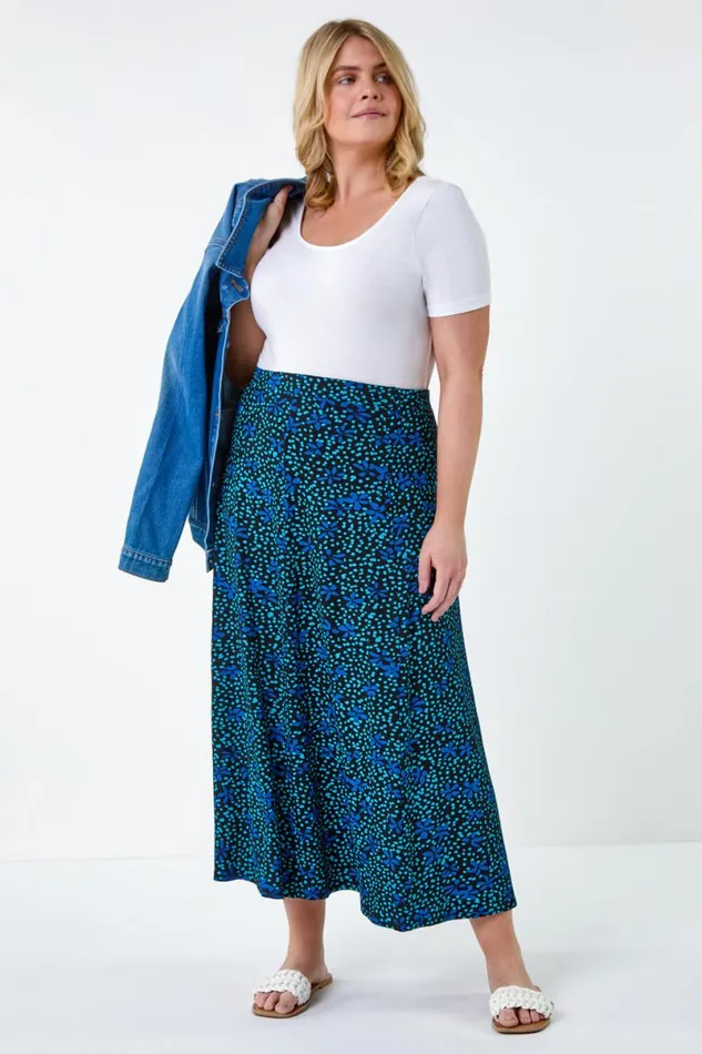 Blue Curve Ditsy Floral A Line Maxi Skirt Women Roman Skirts