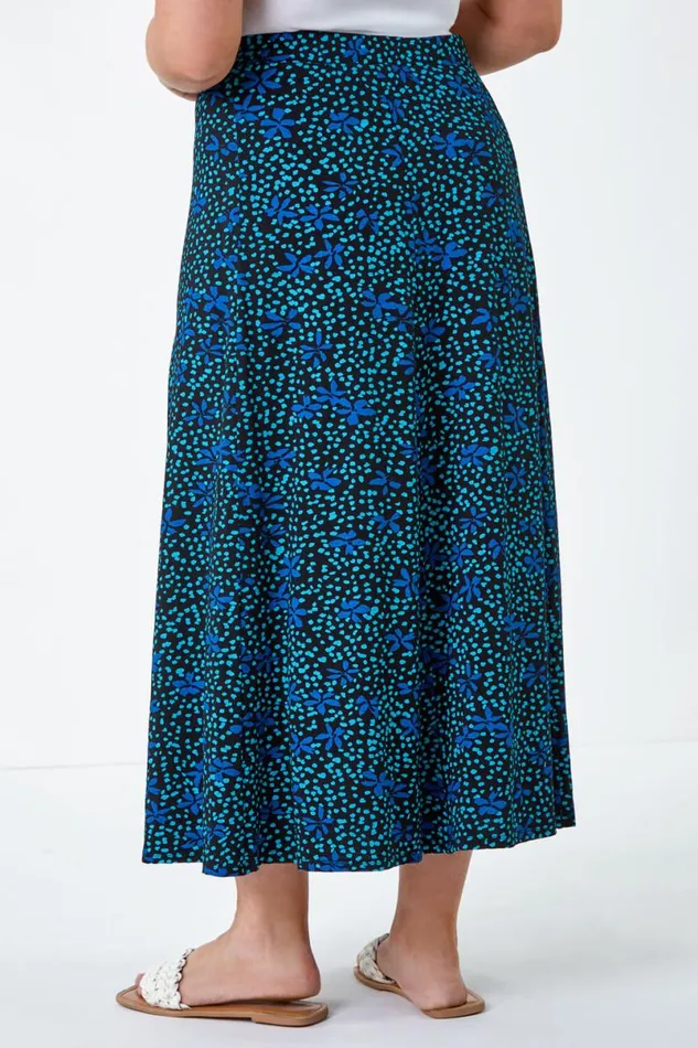 Blue Curve Ditsy Floral A Line Maxi Skirt Women Roman Skirts