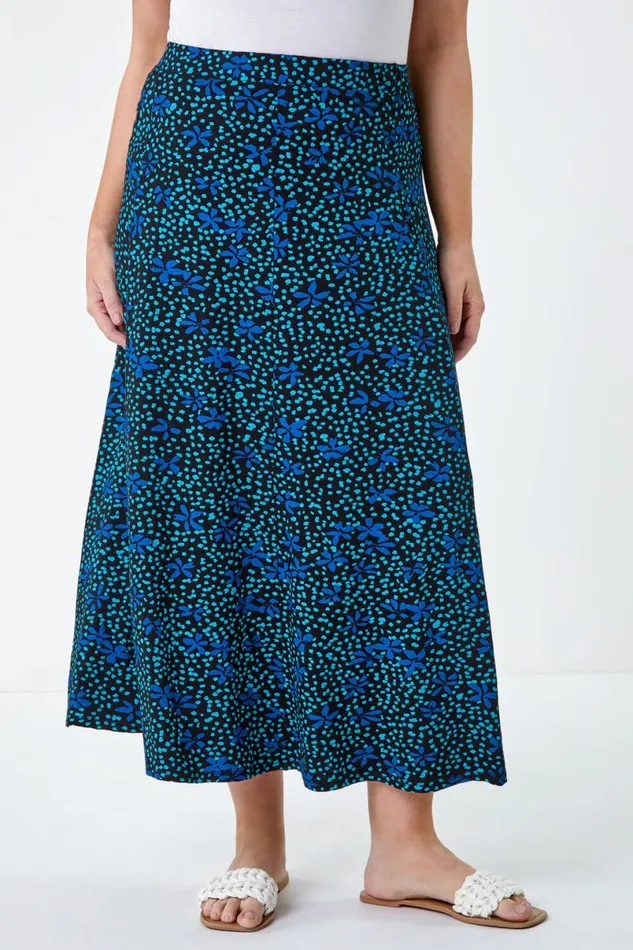 Blue Curve Ditsy Floral A Line Maxi Skirt Women Roman Skirts