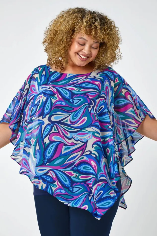 Blue Curve Paisley Print Chiffon Overlay Top Women Roman Tops