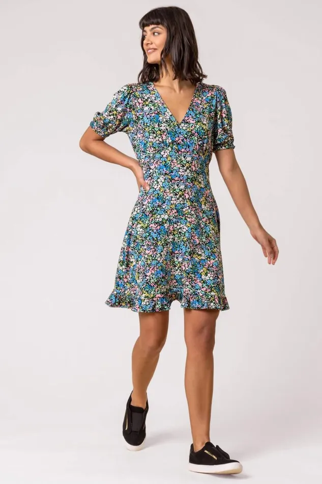 Blue Ditsy Floral Stretch Jersey Tea Dress Women Roman Dresses