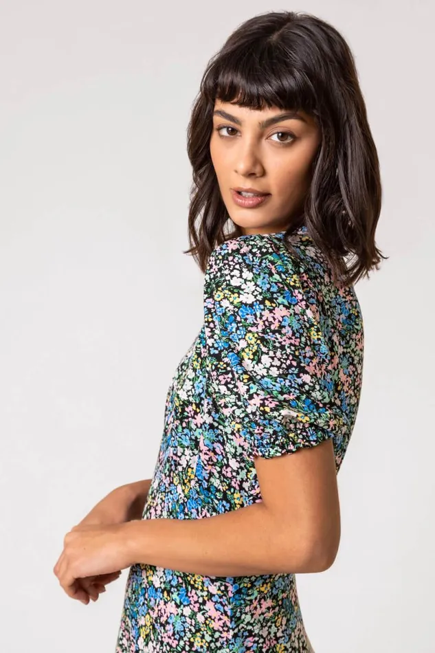 Blue Ditsy Floral Stretch Jersey Tea Dress Women Roman Dresses