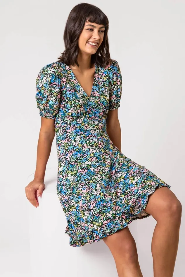 Blue Ditsy Floral Stretch Jersey Tea Dress Women Roman Dresses