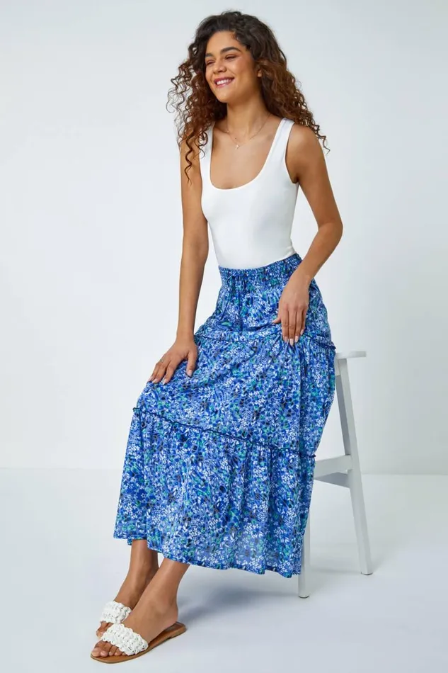 Blue Ditsy Floral Tiered Elastic Waist Maxi Skirt Women Roman Skirts