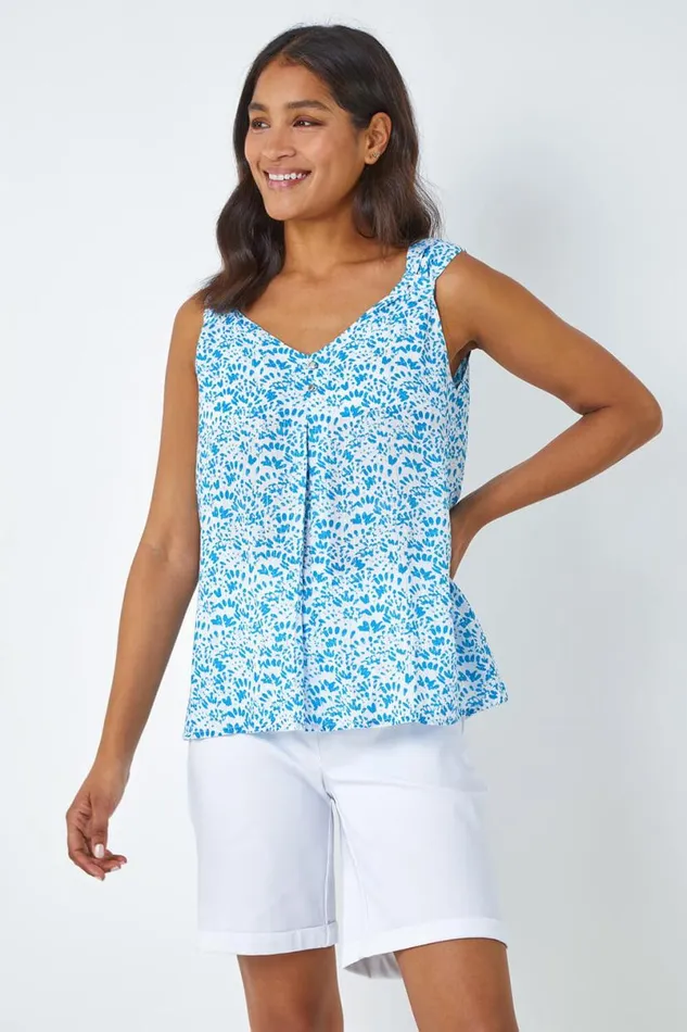 Blue Ditsy Print Pleat Front Cami Top Women Roman Tops