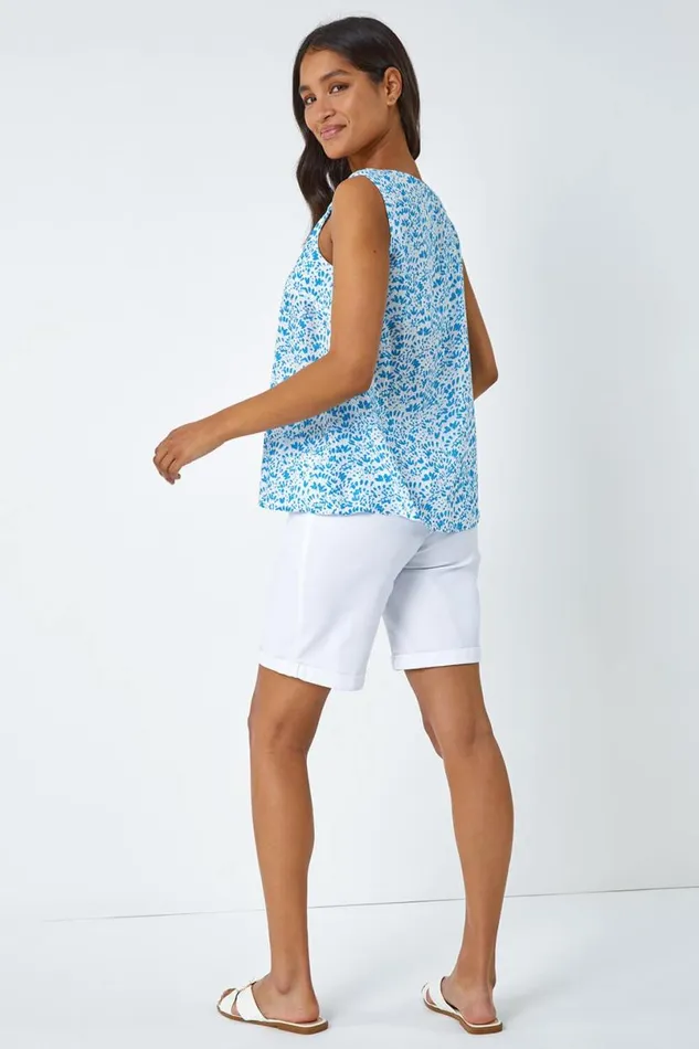 Blue Ditsy Print Pleat Front Cami Top Women Roman Tops