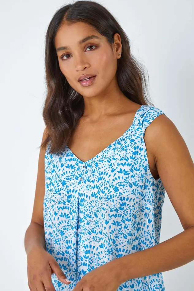 Blue Ditsy Print Pleat Front Cami Top Women Roman Tops
