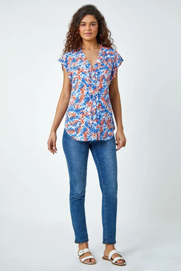 Blue Ditsy Spot Button Through Frill VNeck Blouse Women Roman Tops
