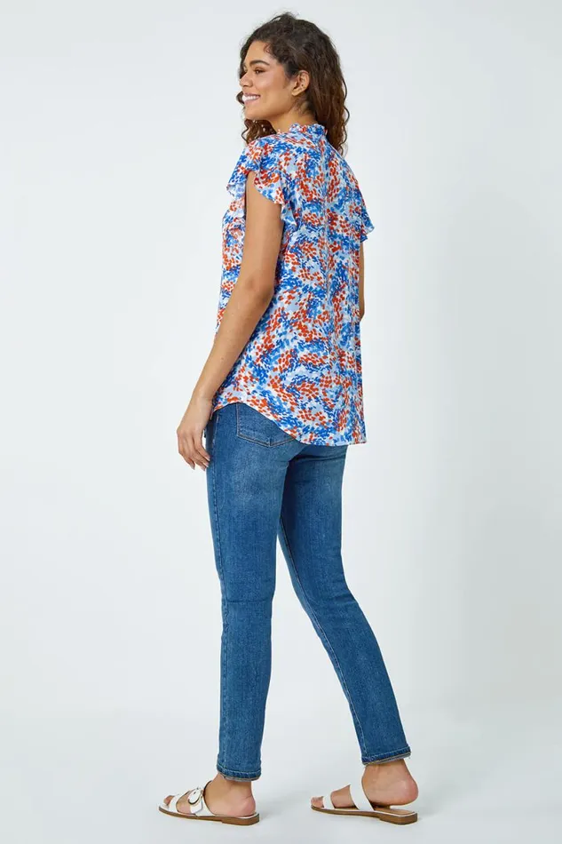 Blue Ditsy Spot Button Through Frill VNeck Blouse Women Roman Tops