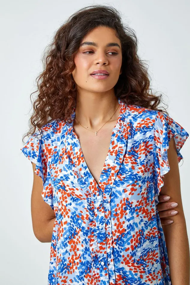 Blue Ditsy Spot Button Through Frill VNeck Blouse Women Roman Tops