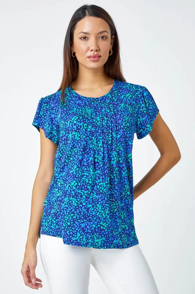 Blue Ditsy Spot Print Pleated Stretch Top Women Roman Tops