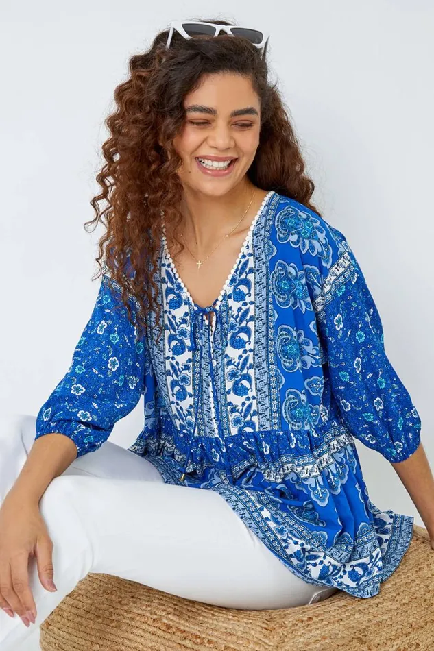 Blue Floral Border Print Overshirt Women Roman Tops