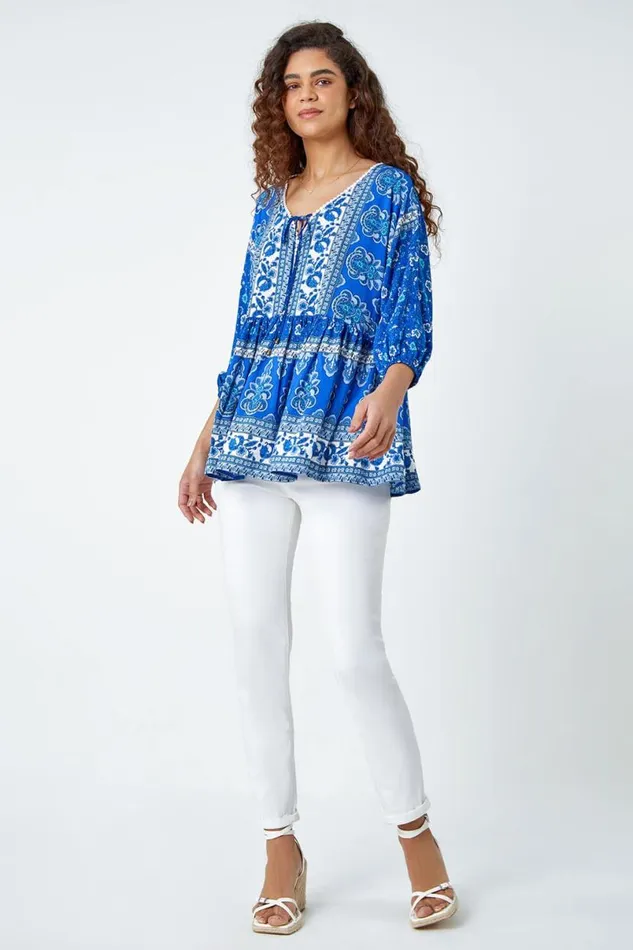 Blue Floral Border Print Overshirt Women Roman Tops