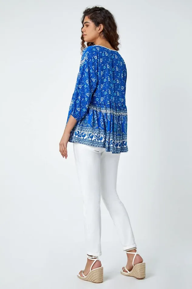 Blue Floral Border Print Overshirt Women Roman Tops
