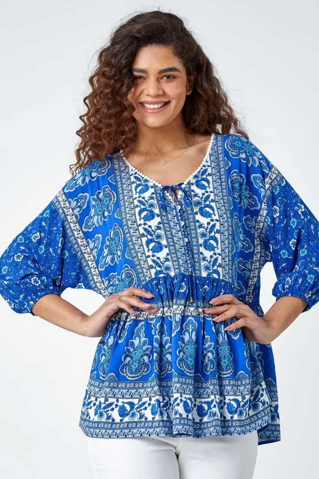 Blue Floral Border Print Overshirt Women Roman Tops