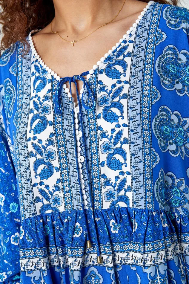 Blue Floral Border Print Overshirt Women Roman Tops