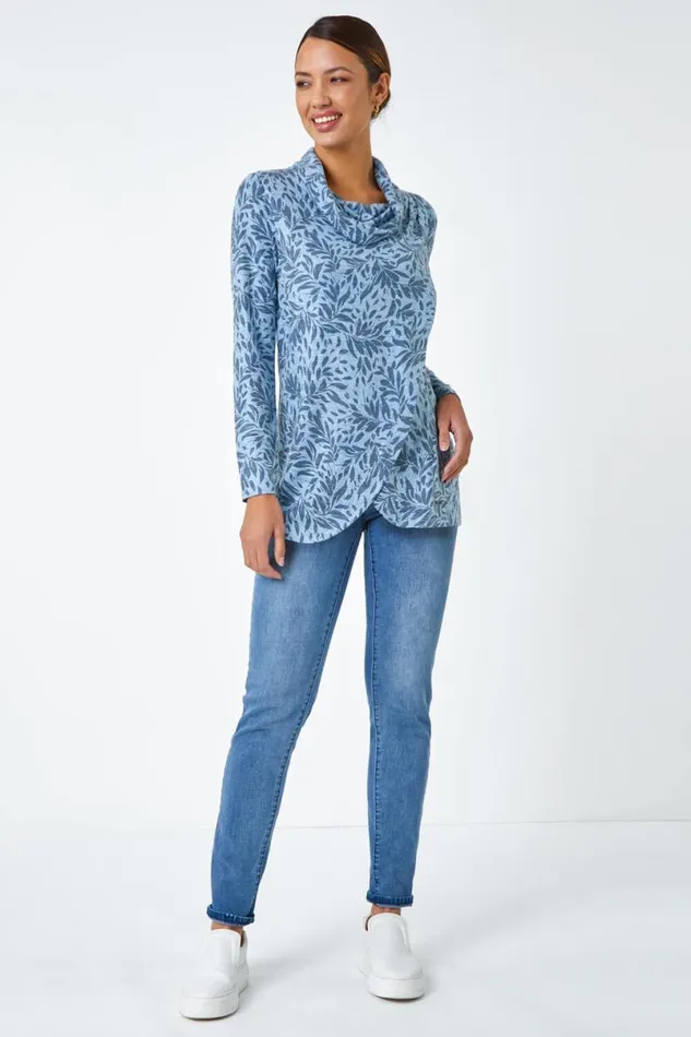 Blue Floral Print Cowl Neck Stretch Top Women Roman Tops