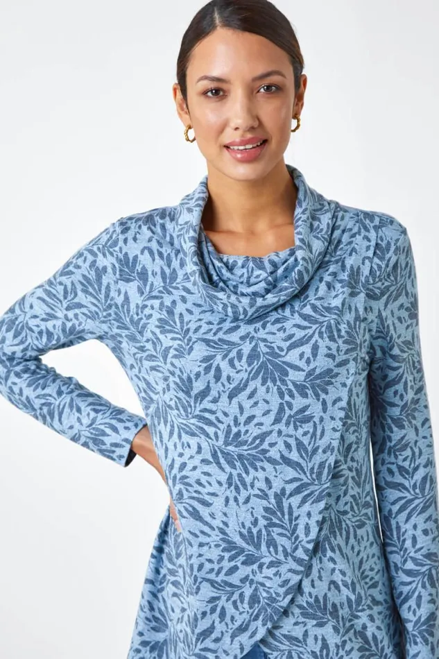 Blue Floral Print Cowl Neck Stretch Top Women Roman Tops