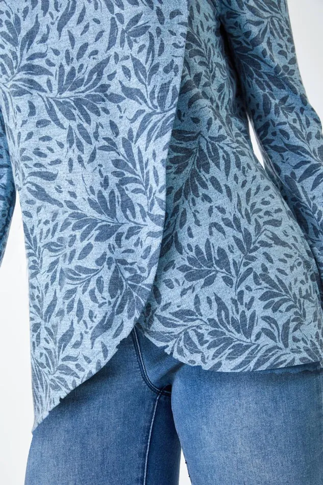 Blue Floral Print Cowl Neck Stretch Top Women Roman Tops