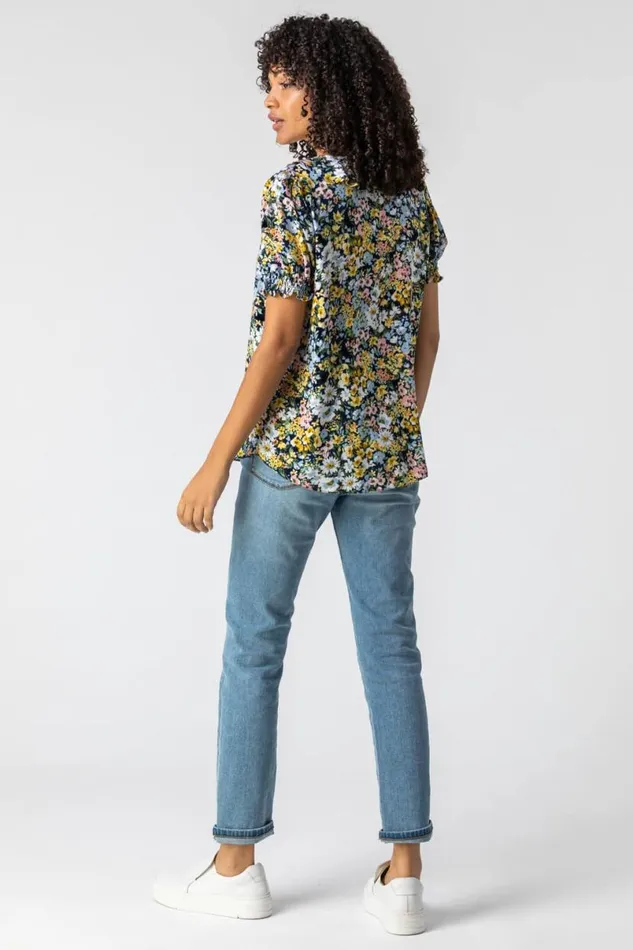 Blue Floral Print Frill Detail Blouse Women Roman Tops