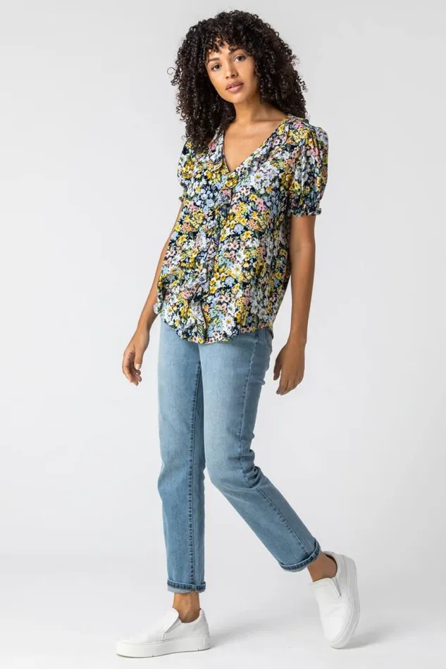 Blue Floral Print Frill Detail Blouse Women Roman Tops