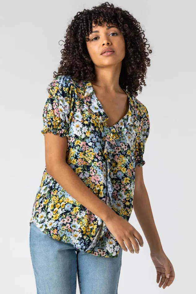 Blue Floral Print Frill Detail Blouse Women Roman Tops