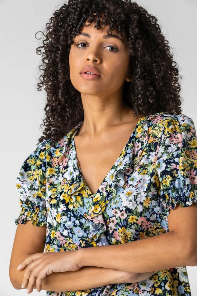Blue Floral Print Frill Detail Blouse Women Roman Tops