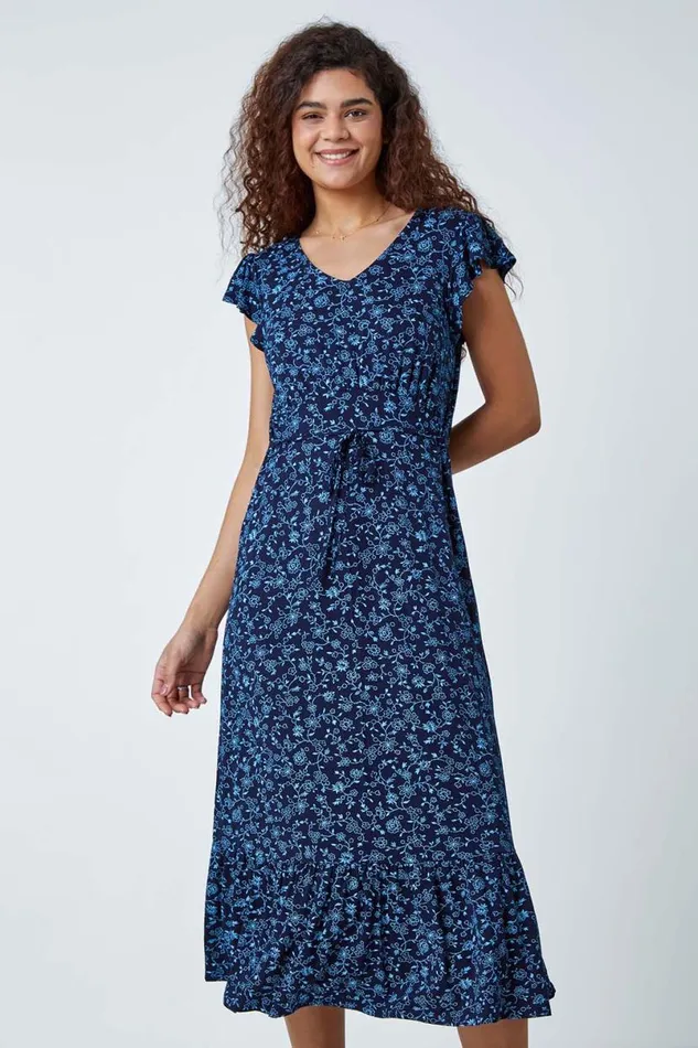 Blue Floral Print Frill Midi Stretch Dress Women Roman Dresses