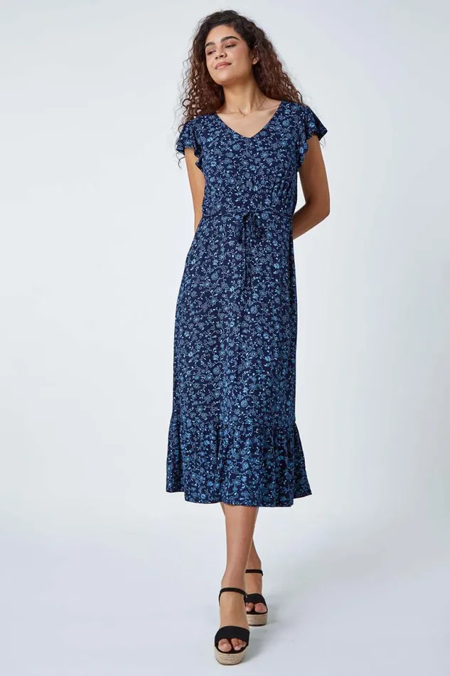 Blue Floral Print Frill Midi Stretch Dress Women Roman Dresses