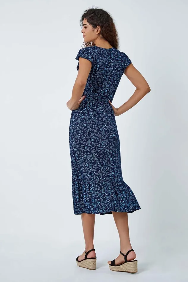 Blue Floral Print Frill Midi Stretch Dress Women Roman Dresses