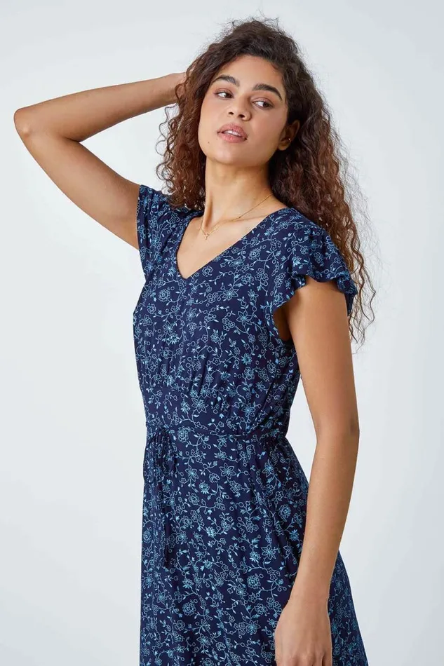 Blue Floral Print Frill Midi Stretch Dress Women Roman Dresses