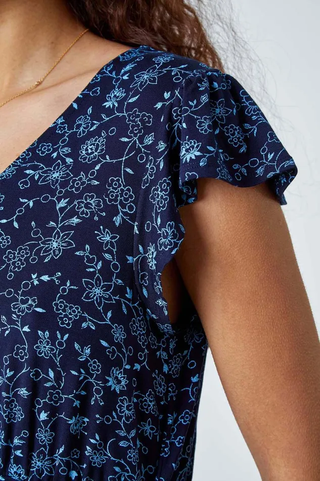 Blue Floral Print Frill Midi Stretch Dress Women Roman Dresses