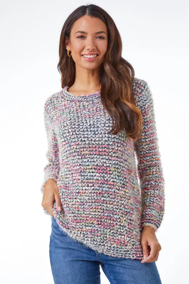 Blue Fluffy Striped Curve Hem Jumper Women Roman Knitwear