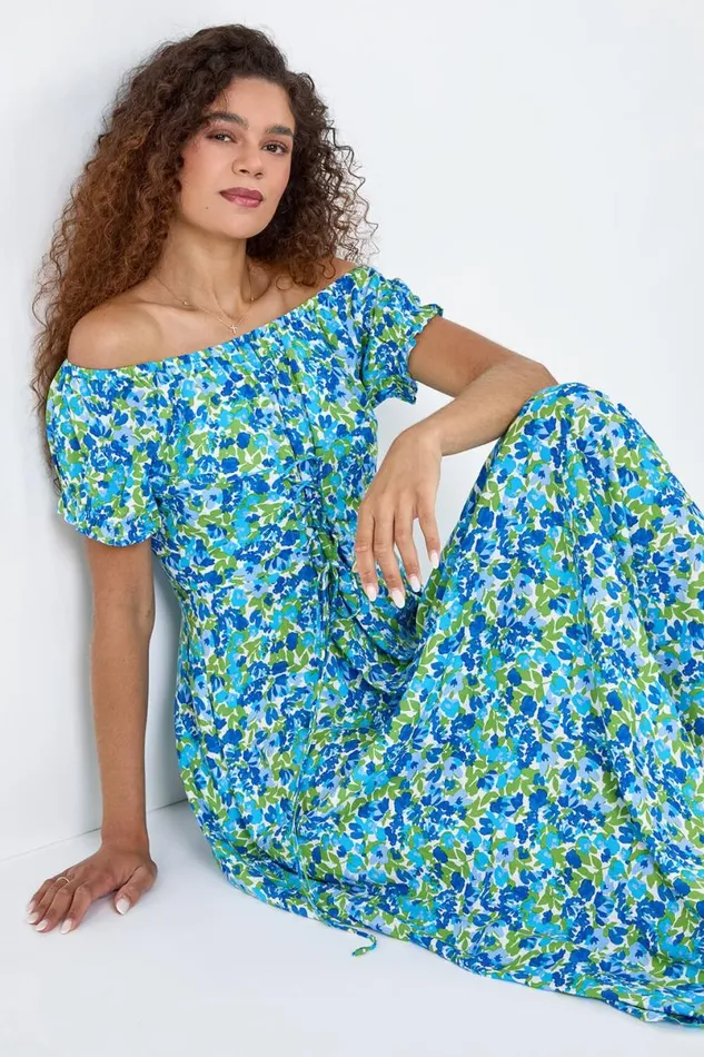 Blue Lace Up Detail Floral Bardot Dress Women Roman Dresses
