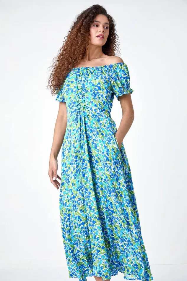 Blue Lace Up Detail Floral Bardot Dress Women Roman Dresses