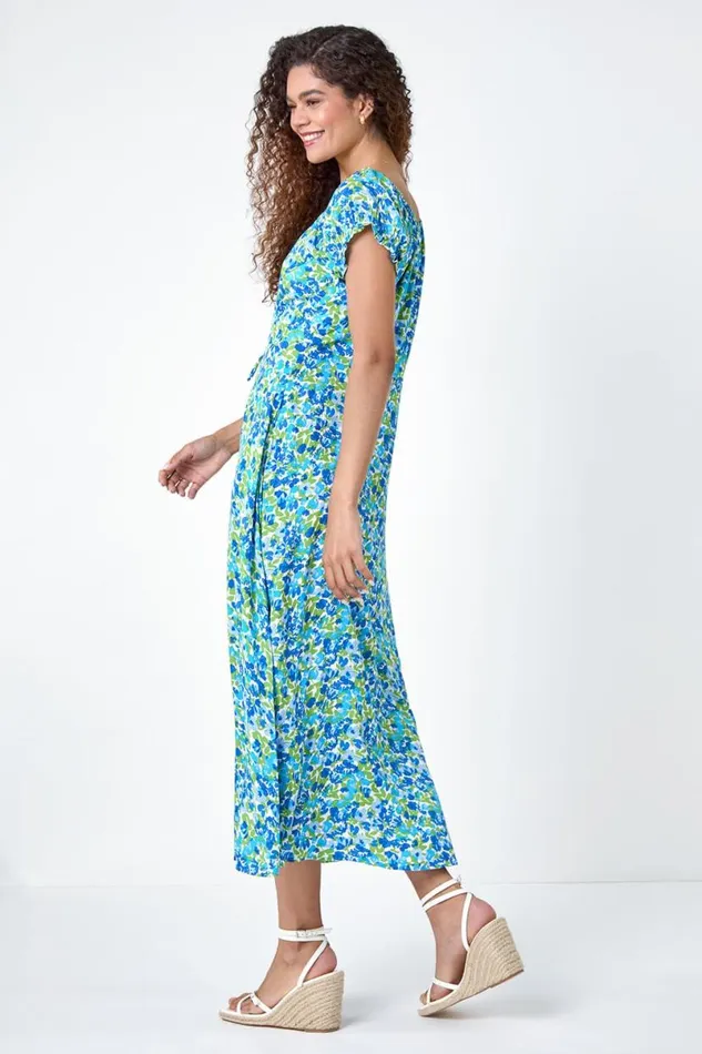 Blue Lace Up Detail Floral Bardot Dress Women Roman Dresses